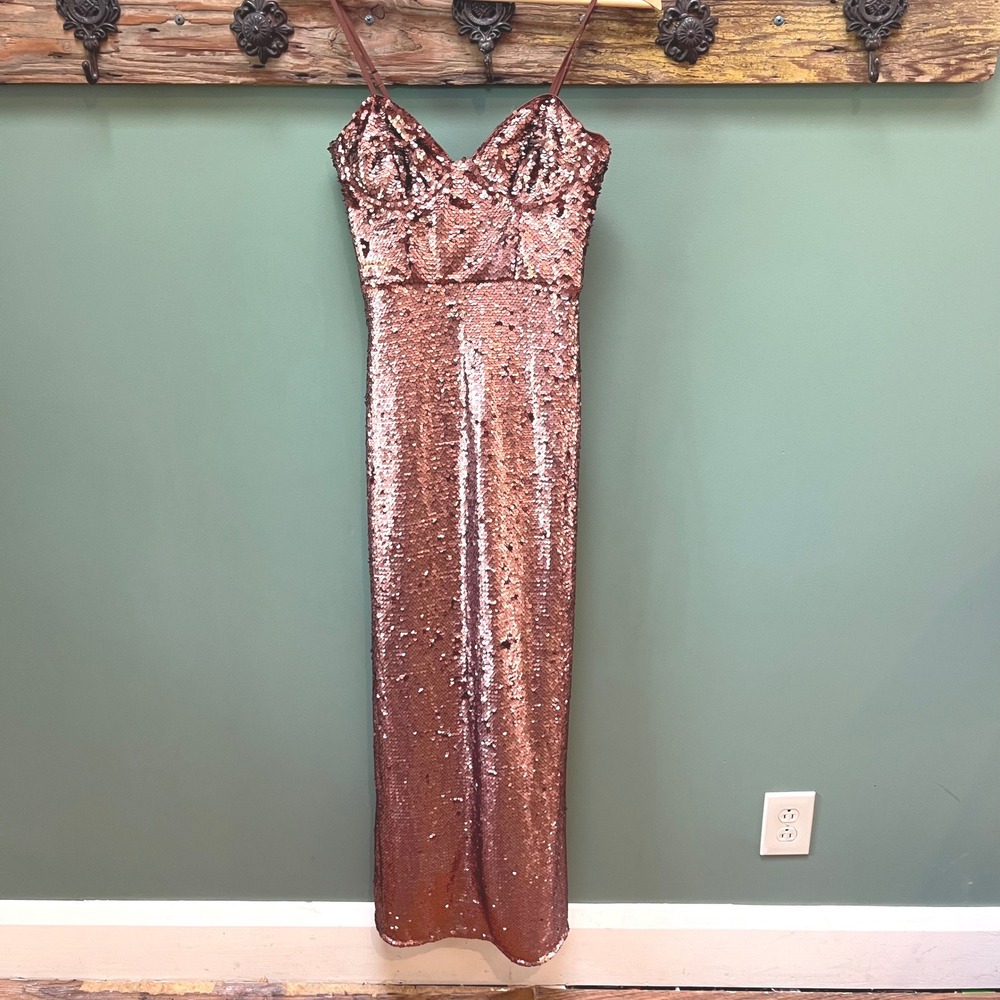 Bardot Womens Rose Gold Sequin Sweetheart Maxi Dress Copper Gown Size US 2 XS